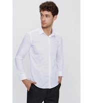 Beyaz Uzun Kol Düz Bez Ayağı Sert Yaka Cepsiz Pamuklu Basic Slim Fit Gömlek 1004250057_600