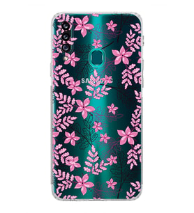 Samsung Galaxy A20s  Kamera Korumalı  Kapak Floral Pembe Tasarımlı  Şeffaf Kılıf