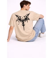 Oversize Erkek Tişört Arkası Baskılı Streetwear Siyah Grafik Back Print Unisex T-Shirt (Bej)