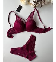 Push-up Dantelli Balenli Taşlı Bordo - Siyah İp Detaylı Sütyen Külot Takım (Bordo)