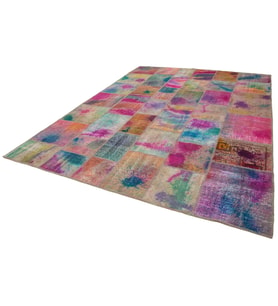 Füşya Renk Geometrik Motifli El Dokuma Salon Halısı Modern Patchwork Görünümlü Şık Tercihler