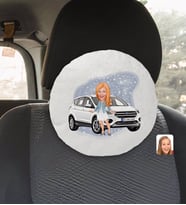 BK Gift Kişiye Özel Plakalı Kadın Ford Kuga Karikatürlü Yuvarlak Araç Koltuk Yastığı-1