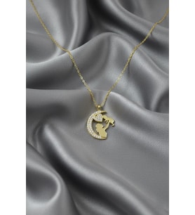 Anne Bebek Kalp Modeli 925 Ayar Beyaz Taşlı Gümüş Kolye Zirkon Taşlı (Gold)