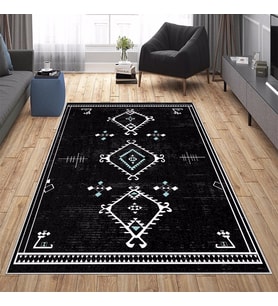 Siyah Bohem Etnik Kilim Desen Yıkanabilir Kaymaz Taban Leke Tutmaz Modern Salon Halısı ve Yolluk (Beyaz)
