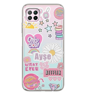 Huawei Pink Sticker Tasarımlı Şeffaf Telefon Kılıfı