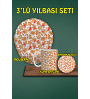 Yılbaşı Temalı 3'lü Bilek Destekli Mousepad Kupa ve Bardak Altlığı Seti