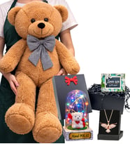 Kahve Büyük Boy Peluş Ayıcık, Size Özel Renkli Işıklı Fanus ve Anka Kuşu Kolye (Model 5)