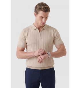 DeepSEA Erkek Bej Polo Yaka Fermuarlı Çizgi Dokulu Regular Fit Likralı Triko Tişört 2608008