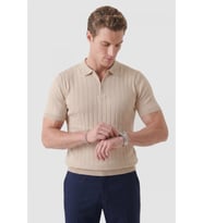 DeepSEA Erkek Bej Polo Yaka Fermuarlı Çizgi Dokulu Regular Fit Likralı Triko Tişört 2608008