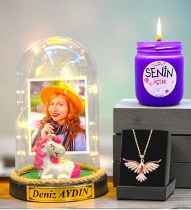 Kişiye Özel Led Işıklı Fanus, Kokulu Mum ve Gerçek Ametist Taşlı Anka Kuşu Kolye (Model 9)