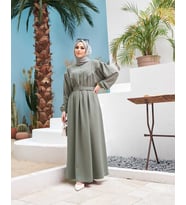 6586-Krep Büzgülü Elbise Mint Yeşili