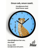 İsme Özel Asil Leopar Çocuk Odası Duvar Saati Orta Boy 30 cm Siyah Camlı Sessiz