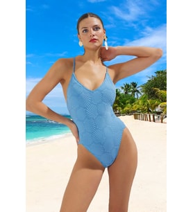 V Yaka Mayo Özel Tasarım Plaj Mayosu Swimsuit Su Sporları İçin Esnek Kumaş Klora Dayanıklı (Mavi)