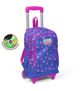 Coral High Kids Lavanta Pembe Flamingo Desenli Üç Bölmeli Işıklı Tekerlekli Çekçekli Okul  Sırt Çantası 23132
