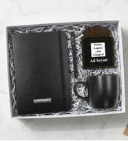 Kişiye Özel Ahşap Kalemlik & Siyah Defter & Roller Kalem & Siyah Kupa Hediye Seti