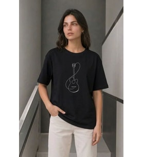 Minimal Gitar Baskılı Tişört T-Shirt Yazlık Kısa Kol Bisiklet Yaka T-Shirt - Siyah