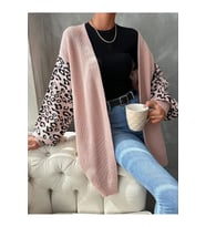 Selanik Örgü Leopar Desenli Uzun Kadın Hırka Pudra/Siyah