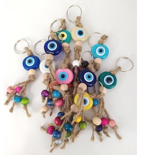 Nazar Boncuk Anahtarlık 20 Adet Karışık Renkli Kötü Göz Kovucu Nazar Hand Made Hasır Renkli Ahşap Boncuklu Nazarlı