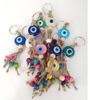Nazar Boncuk Anahtarlık 20 Adet Karışık Renkli Kötü Göz Kovucu Nazar Hand Made Hasır Renkli Ahşap Boncuklu Nazarlı