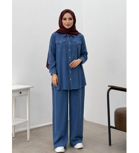10653 ÖNDEN DÜĞMELİ BEYAZ DİKİŞ GEÇİŞLİ PANTALON BOL PAÇA SPOR İKİLİ TAKIM#26#