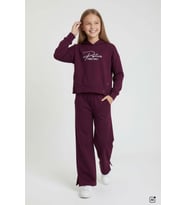 Bordo Kız Çocuk Çıtçıt Detaylı Kabartmalı Sweatshirt Geniş Paça 2li Eşofman Takımı 24765
