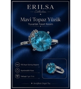Sertifikalı Mavi Topaz Hürrem Model Yuvarlak Faset Kesim 5 Karat 925 Ayar Gümüş Ayarlanabilir Yüzük