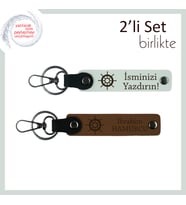 İsme Özel Gemi Dümeni Tasarımlı Deri Anahtarlık Takımı, 2’li, Kişiselleştirilebilir, Beyaz-A Kahve