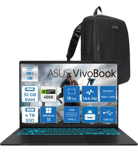 Asus Vivobook 16 V3607VU Intel Core 5 210H 32GB 4tb SSD RTX4050 6gb Windows 11 Pro 16" Wuxga 144HZ 300NITS Taşınabilir Bilgisayar RP276H12 + Zetta Çanta