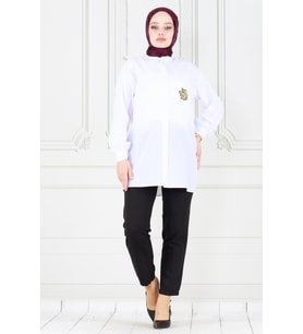 Cebi Arı Detaylı Keten Tunik-Beyaz
