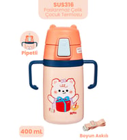 400 ML 316L Paslanmaz Çelik Pipetli Çocuk Termosu Taşıma Kulplu Askılı Çift Duvar -FFR400ML4011