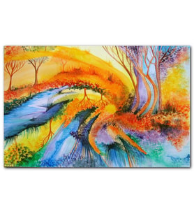 Cakatablo Soyut Sanat Ağaç Nehir Turuncu Mavi Görsel