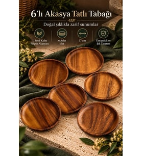 Atbyhome 6'lı Akasya Ahşap Tatlı Tabağı Seti 17 cm - Doğal Yuvarlak Pasta Çay Saati Sunum Tabağı