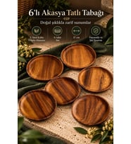 Atbyhome 6'lı Akasya Ahşap Tatlı Tabağı Seti 17 cm - Doğal Yuvarlak Pasta Çay Saati Sunum Tabağı