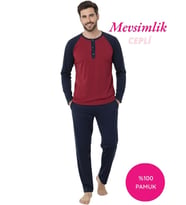 Seamlife Erkek Siyah 3 Düğmeli %100 Pamuk Mevsimlik Uzun Kol Cepli Pijama Takımı (Kırmızı)