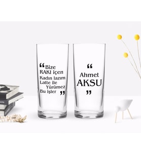 BK Gift Kişiye Özel Renkli Baskılı Bize Rakı İçen Tasarımlı İkili Rakı Bardağı Seti-1 (Beyaz)