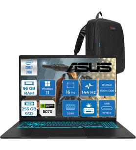 Asus Vivobook V16 2.nesil Core 7 240H Aı 96GB Ddr5 256GB SSD RTX5070/8GB 16.0-Inch, Wuxga (1920 x 1200) 300NITS 144Hz  WIN11PRO Gaming Bilgisayar WV3607VPP31+ZETTAÇANTA