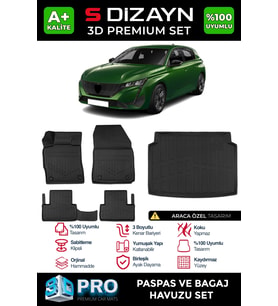 S-Dizayn Peugeot 308 3D Pro Havuzlu Paspas ve Bagaj Havuzu Seti (2'li SET) 2022 Üzeri A+ Kalite