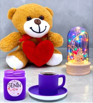 Premuim Hediye Seti Kalpli Ayıcık, Unicornlu Renkli Led Işıklı Fanus, Mum, Kahve Fincanı