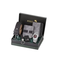 Polo Air Erkek Kol Saati Cüzdan Kemer Kartlık Anahtarlık Çakmak Hediyelik Kutusunda Gri Set PL-7042E4 (Gri-Bordo)