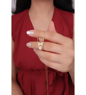 ENCİLİ SİLVER 925 Ayar Gümüş Taşlı Papyon Kalp Model Gold Renk Kadın Kolye
