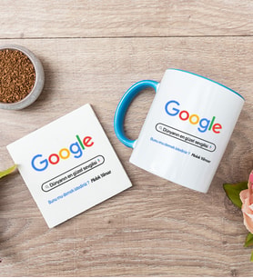 Kişiye Özel Google Tasarım Esprili Mavi Kupa ve Bardak Altlığı