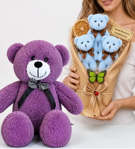 Premium Hediye Seti Kişiye Özel Peluş Ayıcık Buketi ve 50 cm Büyük Boy Mor Peluş Ayıcık