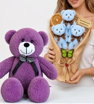 Premium Hediye Seti Kişiye Özel Peluş Ayıcık Buketi ve 50 cm Büyük Boy Mor Peluş Ayıcık
