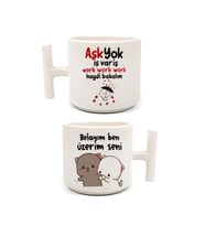 Cat Baskılı 2'li El Yapımı T Kulplu Fincan