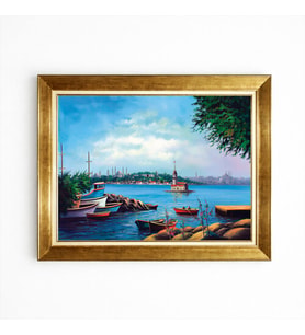 Tablore İstanbul Kız Kulesi ve Deniz Manzaralı Altın Çerçeveli Kanvas Duvar Tablosu
