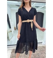 Neşeli butik kadın siyah hasır kemerli dantel elbise DK0001