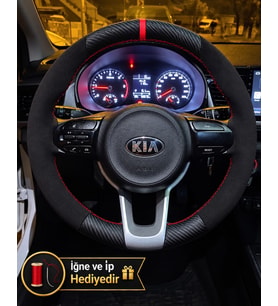 Kia Rio Dikme Direksiyon Kılıfı Alcantara Süet Mat Karbon Kırmızı Yüzük ve Dikiş 2017-2023
