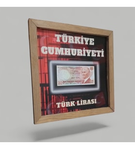 Nostaljik  Türk Lirası Hatıra Tablosu - 30x30 cm Dekoratif Ahşap Çerçeve - Ofis ve Ev Hediyesi