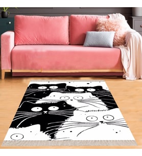 Kedi Desenli Dijital Baskılı Kaymaz Taban Yıkanabilir Çocuk Odası Salon Halısı (Beyaz)