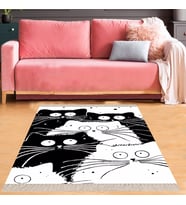 Kedi Desenli Dijital Baskılı Kaymaz Taban Yıkanabilir Çocuk Odası Salon Halısı (Beyaz)